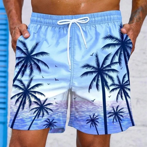 Calções de banho havaianos para homem com estampado de palmeiras Calções de verão leves e de secagem rápida para a praia Calções largos com cordão ajustável