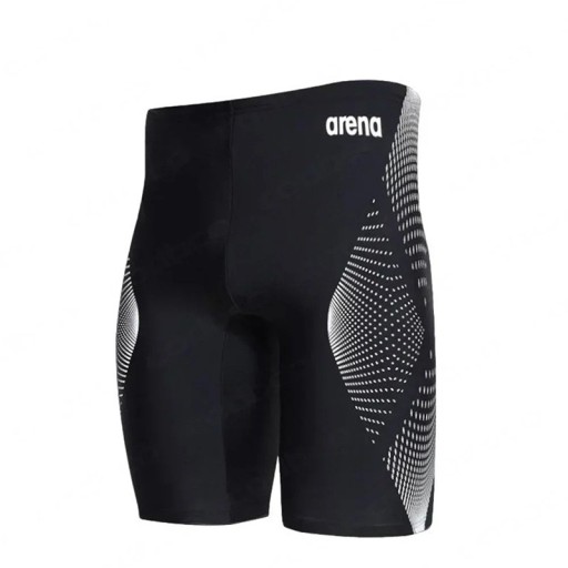 Calções de banho pretos com riscas brancas Lycra Corte desportivo justo Cintura elástica Calções de banho para praia piscina com inscrição arena