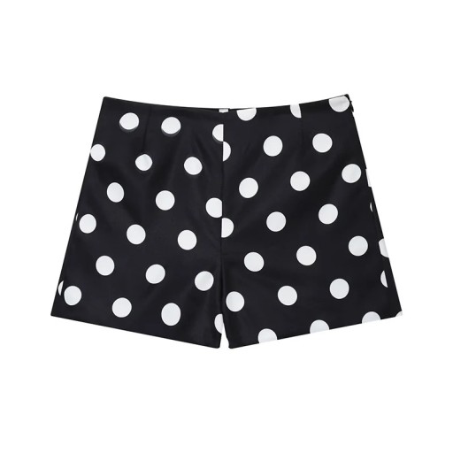 Calções pretos femininos com bolinhas de cintura alta e fecho oculto na lateral, elegantes calções com bolinhas brancas para o verão