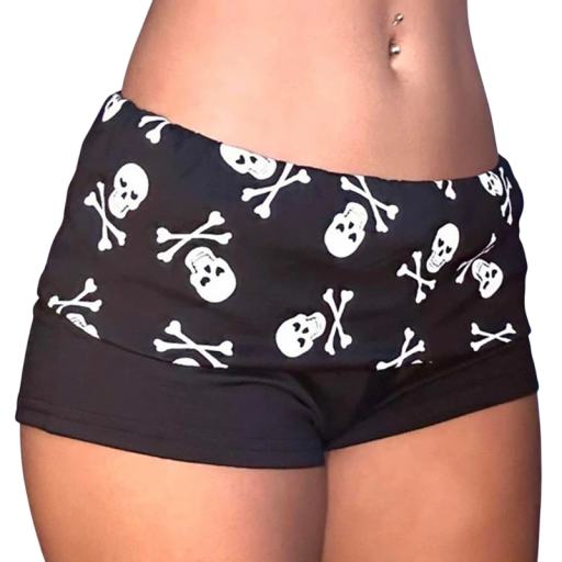 Calções pretos para mulher com estampado de caveiras e cintura baixa