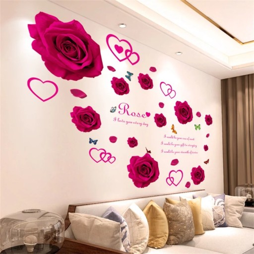 Calcomanías de pared 50 x 70 cm Rosas con corazones Después de pegar aproximadamente 120 x 73 cm Calcomanías de pared Decoración elegante de rosas y corazones