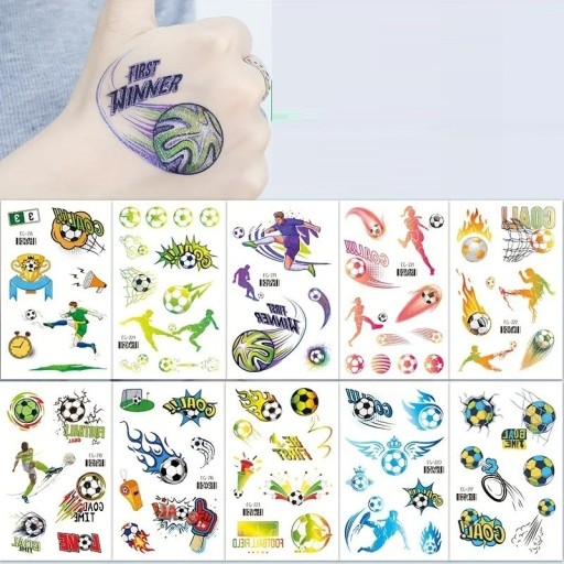 Calcomanías de tatuajes brillantes con motivos de fútbol 10 hojas en colores para el cuerpo, manos y cara, tatuaje temporal