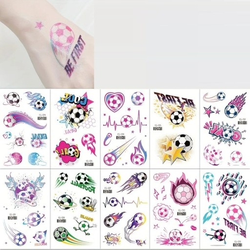 Calcomanías de tatuajes brillantes con motivos de fútbol 10 hojas en colores rosa y violeta para el cuerpo, manos y cara, tatuajes temporales