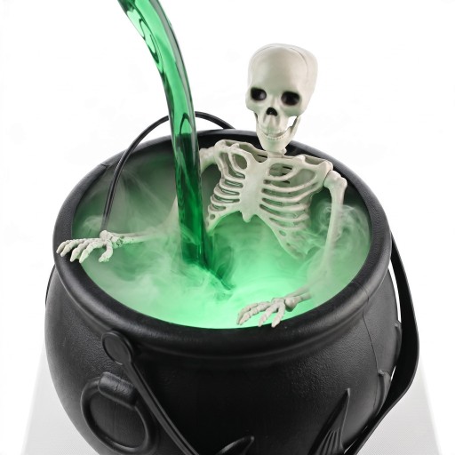 Caldeirão de Halloween com Esqueleto e Névoa Iluminação LED 26 cm Alimentação USB Preto com Luz Verde Decoração para Festa e Mesa