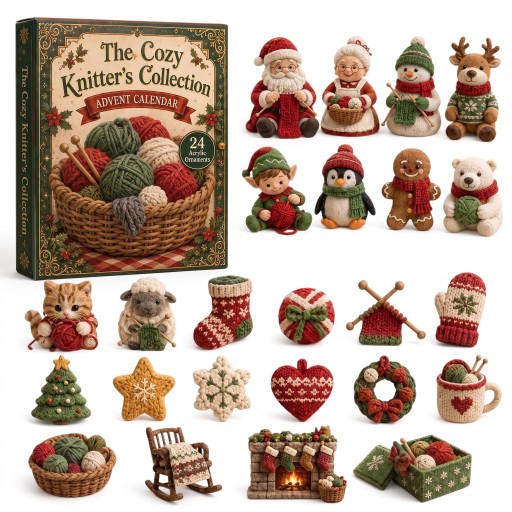 Calendário do Advento 24 enfeites de Natal Enfeites com tema de tricot de Pai Natal e animais com novelos Presente para amantes de tricot e crochet