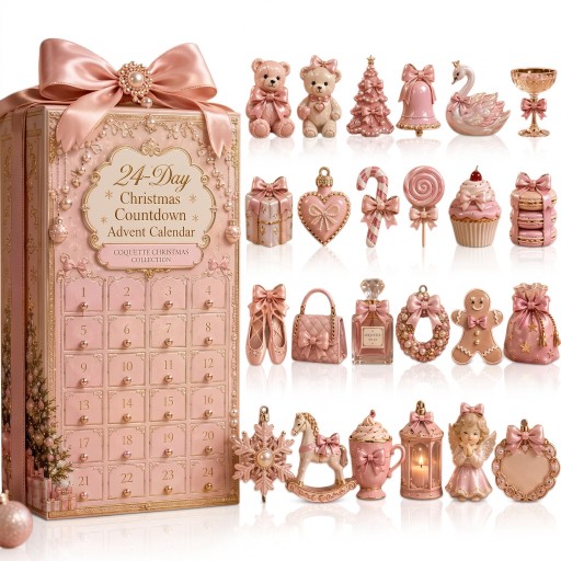 Calendrier de l'Avent 24 figurines de Noël avec nœuds Coquette style Ourson cygne et pointes de ballet Rose pâle Décoration de Noël