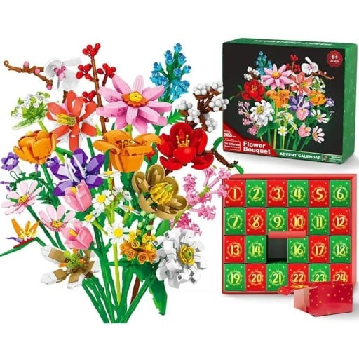 Calendrier de l'Avent de Noël LEGO Fleurs Bouquet avec des Marguerites Plastique Kit de Construction de Fleurs DIY Ensemble Créatif Surprise