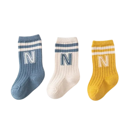Calzini unisex per bambini 3 paia Calzini in cotone monocolore con lettera N Calzini morbidi e traspiranti per bambini Bordo elastico