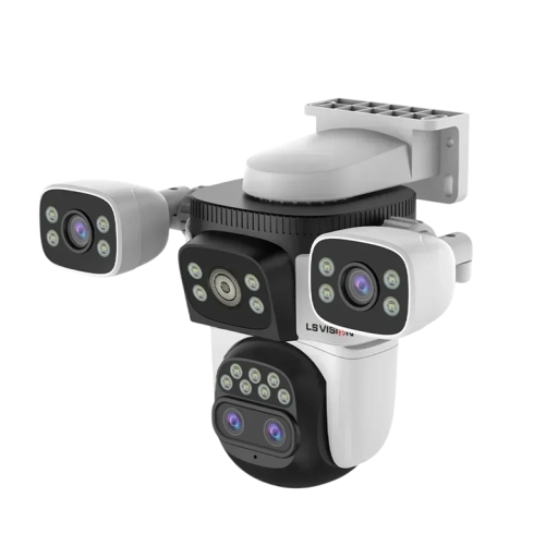 Cámara de seguridad WiFi 10K 4 objetivos 10× zoom óptico IR + LED visión nocturna plástico blanco para monitoreo exterior