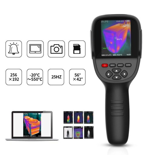 Câmara térmica infravermelha portátil com resolução 256x192, deteção de -20 °C a 550 °C, memória de 4GB e medição de pontos quentes