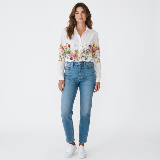 Cămașă albă pentru femei cu mânecă lungă și imprimeu floral cu trandafiri și fluturi pe piept cu guler clasic și butoane pe toată lungimea