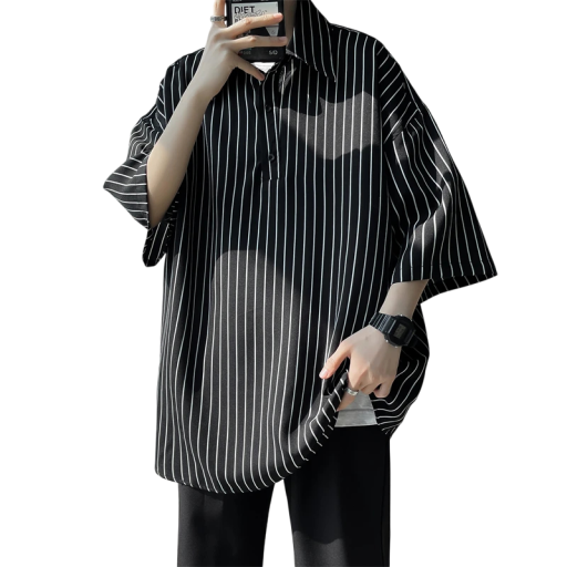 Cămașă polo oversize pentru bărbați cu model în dungi verticale, cu mâneci scurte căzute și închidere cu nasturi la gât