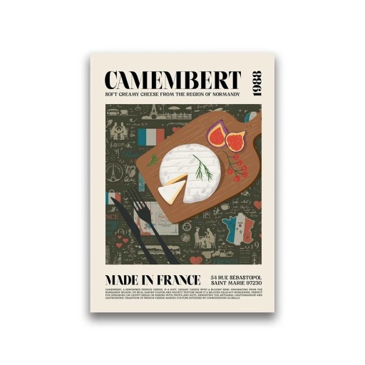 Camembert 40 x 60 cm poszter Francia konyha Világ gasztronómia Vászonnyomtatás Puha keret nélküli étterem