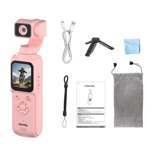 Caméra d'action 4K de poche avec stabilisateur et suivi du visage 330° de rotation écran tactile de 1,72" photos 64 Mpx et mode webcam