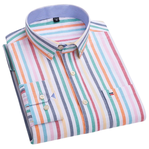 Camicia da uomo a maniche lunghe in cotone a righe colorate con chiusura a bottoni, colletto e taschino per uno stile quotidiano