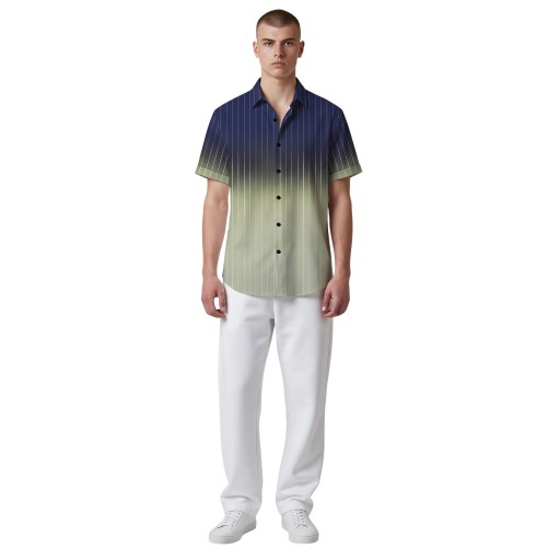 Camicia da uomo a righe bicolore con maniche corte e gradiente di colore dal collo all'orlo con strisce sottili e colletto classico