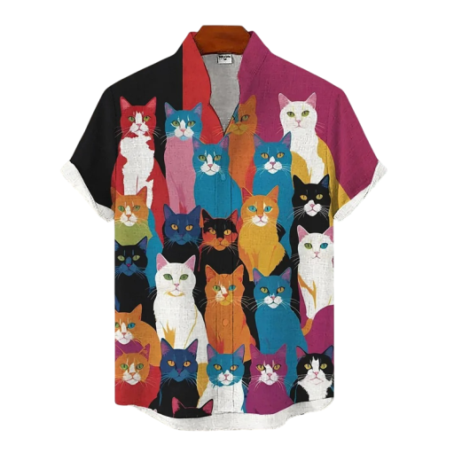 Camicia da uomo con colletto a bottoni Maniche corte Poliestere Spandex Bordo Stampa di gatti Camicia estiva alla moda per il tempo libero