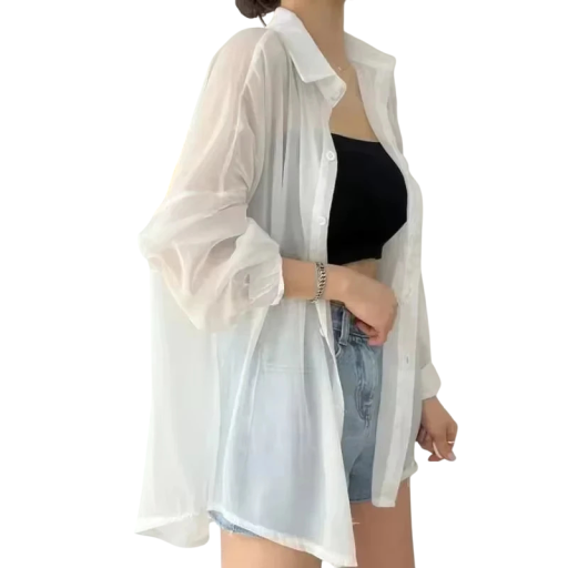 Camicia leggera da donna con maniche lunghe Materiale trasparente Taglio ampio Top arioso per l'estate Strato elegante sopra canotta o vestito