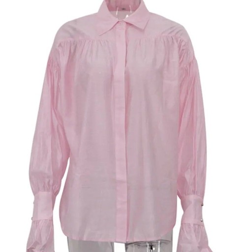Camicia trasparente da donna elegante con maniche lunghe Blusa monocolore in poliestere con maniche svasate e colletto Top alla moda con bottoni