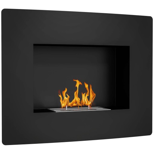 Camin decorativ pe bioetanol pentru perete, negru, rotunjit, 66 x 16 x 52 cm, din oțel inoxidabil, putere 2000 W, pentru încălzire suplimentară 15-20 m²