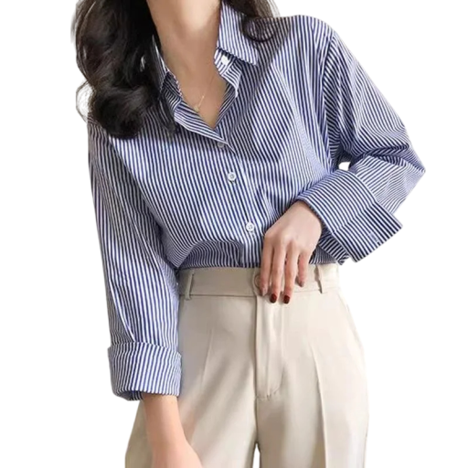 Camisa clássica às riscas azul e branca para senhora com mangas longas e colarinho Camisa longa e solta com botões Corte elegante e confortável