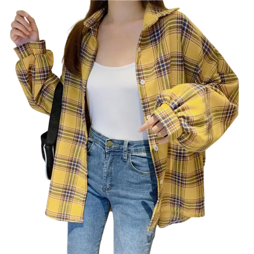 Camisa de cuadros elegante para mujer con cuello Blusa suelta con cierre de botones Top estiloso de poliéster para trabajo y tiempo libre