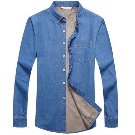 Camisa de denim masculina acolchoada com forro de pelúcia interior, de mangas longas, com bolso no peito e colarinho