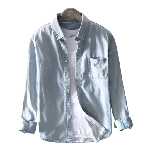 Camisa de denim masculina de corte casual com colarinho abotoado, manga longa, bolso no peito com aba e punhos
