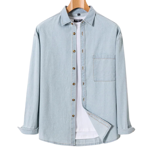 Camisa de ganga masculina de manga longa com bolso no peito em corte descontraído com fecho de botões metálicos e colarinho clássico