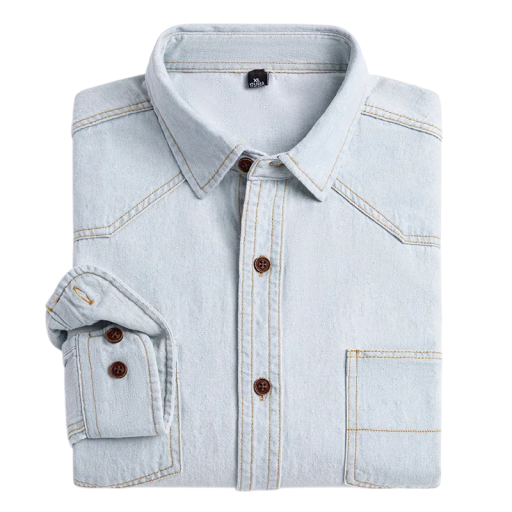 Camisa de ganga masculina de manga longa com colarinho clássico, bolso no peito, punho com dois botões e fecho total