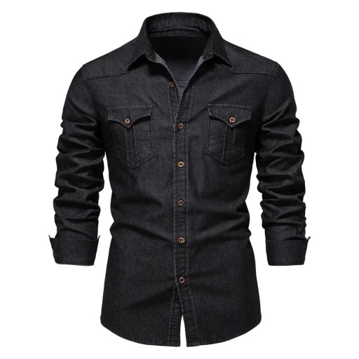 Camisa de ganga para homem com mangas longas e colarinho clássico com fecho de botões contrastantes e duas bolsos no peito com aba