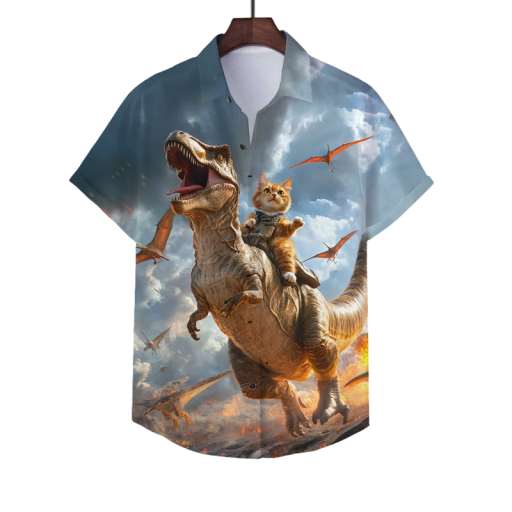 Camisa de hombre con cuello de botones de manga corta de poliéster y spandex gato azul montando un dinosaurio estampado camisa de verano