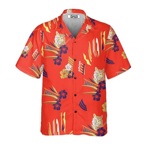 Camisa de hombre de botones con cuello de corto manga Poliéster Color rojo con motivos florales y tigres
