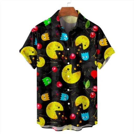 Camisa de hombre de manga corta de poliéster color negro con motivos de pac man y cerezas, cierre de botones con cuello