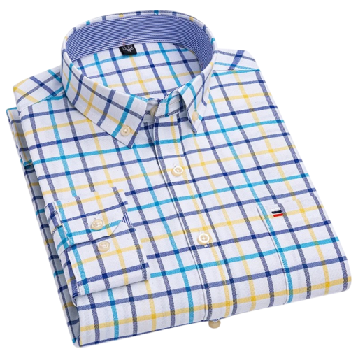 Camisa de hombre de manga larga de algodón en cuadro azul y amarillo con cierre de botones, cuello y bolsillo para uso diario