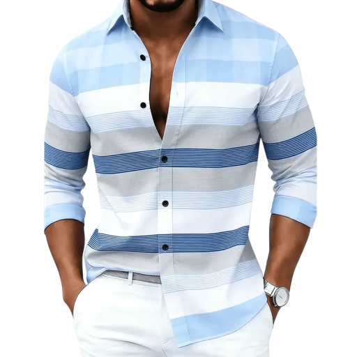 Camisa de homem às riscas com mangas longas, riscas horizontais de várias larguras, com riscas finas, colarinho clássico e bainha arredondada