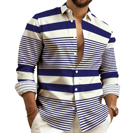 Camisa de homem às riscas em azul e branco de corte solto com mangas longas e riscas largas e estreitas com colarinho clássico e punhos com botão