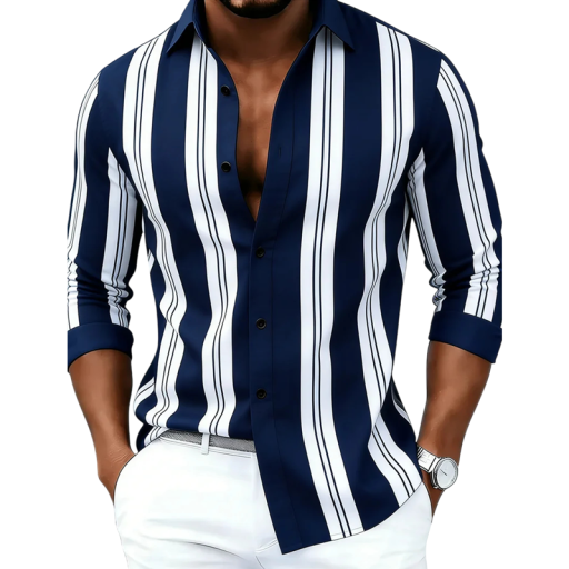 Camisa de homem azul escuro riscada com mangas longas com riscas brancas verticais de várias larguras, colarinho clássico e punhos com botão