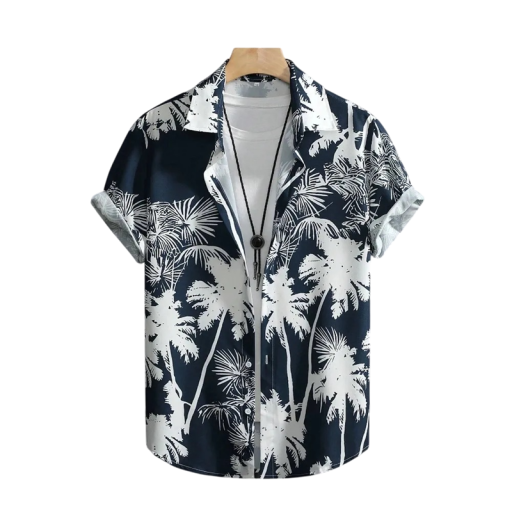 Camisa de homem de manga curta Design de verão Estampagem de palmeira Fecho de botões Decote em V Poliéster e spandex