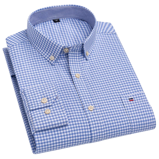 Camisa de homem de manga longa em algodão azul com padrão xadrez, fecho de botões, colarinho e bolso para o dia a dia