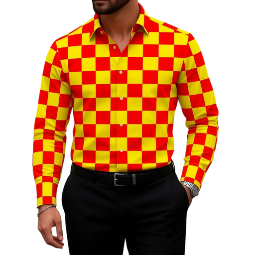 Camisa de homem em xadrez vermelho e amarelo com padrão de grandes quadrados, manga longa, colarinho clássico e punhos com botão
