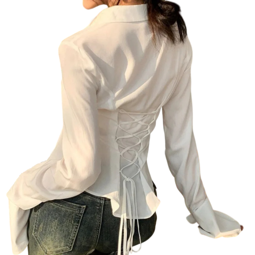 Camisa feminina de manga longa com cordão nas costas Corte justo Fecho à frente Blusa elegante para a noite e para o trabalho