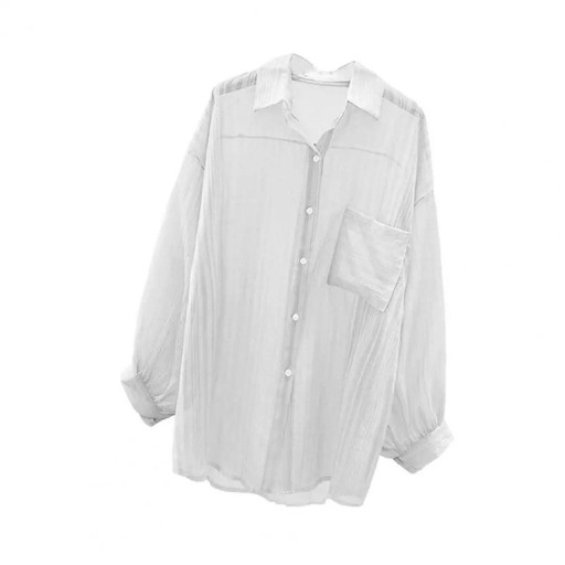 Camisa feminina leve e transparente de manga longa Corte solto com colarinho e bolso Camisa elegante com botões para a cidade e para a água