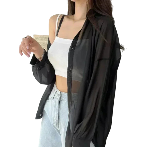 Camisa leve de senhora com mangas longas Material transparente Corte solto Top arejado para o verão Camada estilosa sobre um top ou vestido