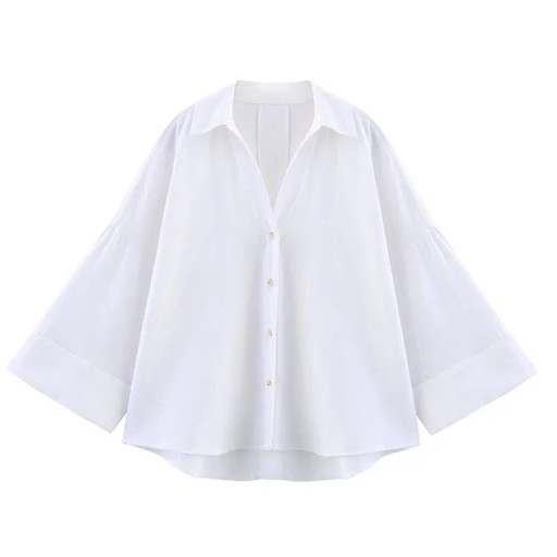 Camisa ligera de lino para mujer con cuello Mangas anchas Bajo asimétrico Cierre de botones Blusa vaporosa de material natural