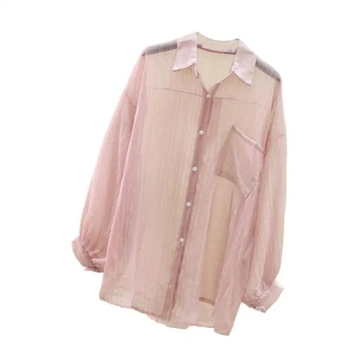Camisa ligera y translúcida para mujer, de manga larga. Corte holgado, con cuello y bolsillo. Elegante camisa abotonada para la ciudad y el agua.