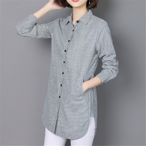 Camisa longa riscada para senhora com mangas longas Colarinho clássico Fecho com botões Bolsos laterais Bainha arredondada Algodão Estilo