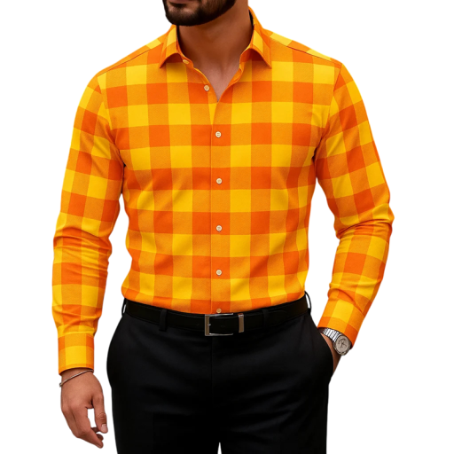 Camisa masculina xadrez amarelo-laranja de manga longa com corte ajustado, colarinho clássico e botões ao longo da frente