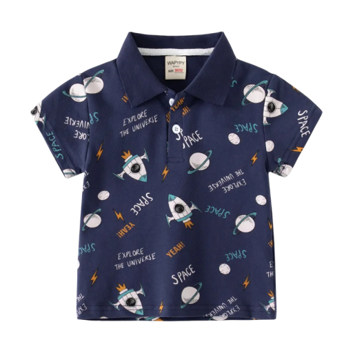 Camisa polo infantil para niño con cuello y motivo de cohetes de manga corta Camiseta de algodón azul marino con botones hasta la mitad Ropa