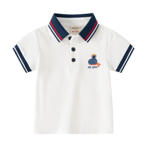 Camisa polo infantil para rapaz com colarinho e motivo de hipopótamo Manga curta Camiseta branca de algodão com botões até meio Confortável roupa